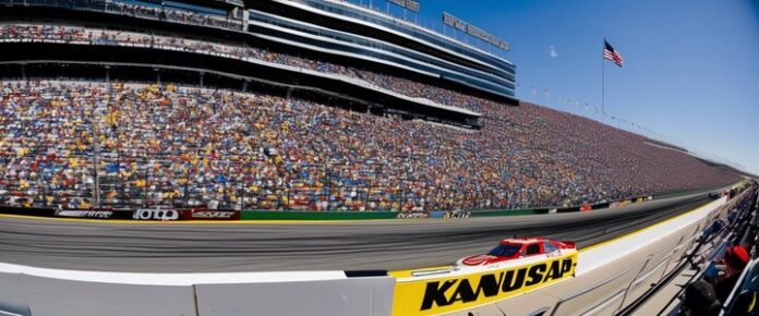 Cars racing on Kansas Speedway track during NASCAR event.