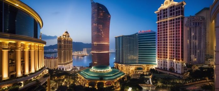 Casino patrons gamble at slot machines and gaming tables.