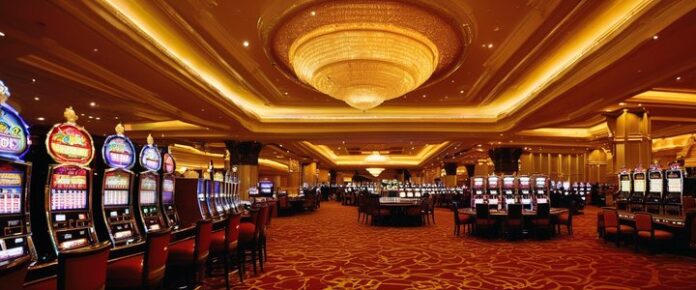 Casino patrons playing slot machines amidst suspended junket operations.