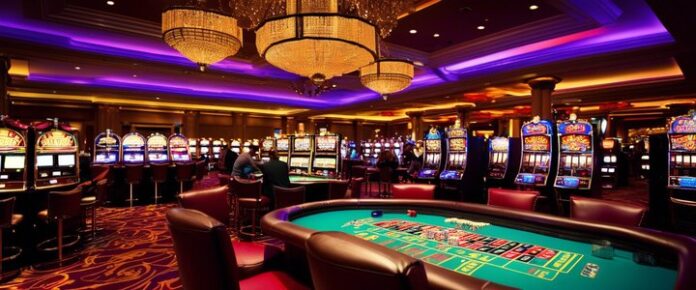 Casino patrons playing slot machines and table games at night.