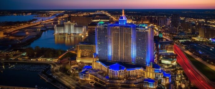 Casino patrons playing slots and table games amidst a bustling gaming floor.