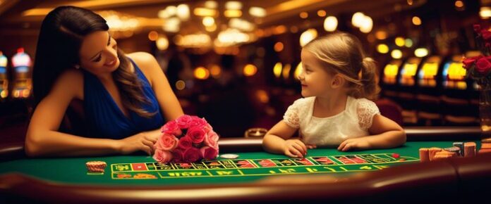Casino patrons playing slots during a Mother's Day event promotion.
