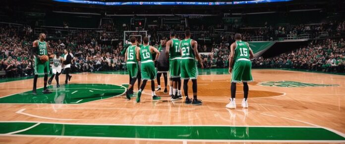 Celtics player Luke Kornet in action on the basketball court.