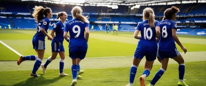 Chelsea players celebrate after unbeaten WSL season win.