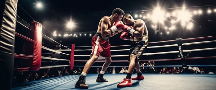 Claressa Shields in boxing stance, wearing gloves and mouthguard.