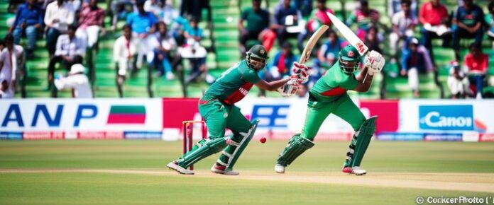 Cricket players in action during UAE vs Bangladesh T20I match