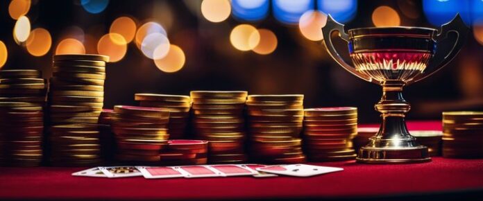 Daniel Thaller holding trophy at poker table after winning main event.