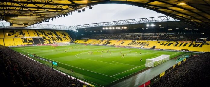Dortmund players celebrating a goal against Leverkusen.
