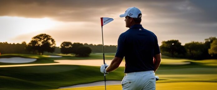 Dustin Johnson tees off at a golf tournament.