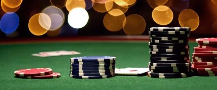 Entrepreneur playing poker at a crowded tournament table with cards in hand.