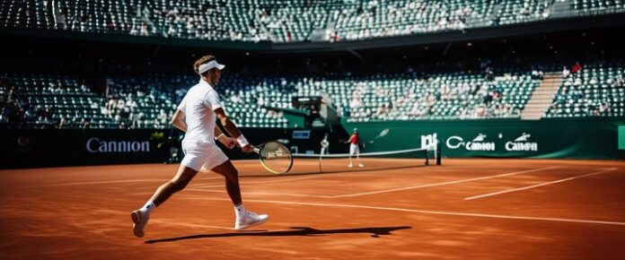 Fabio Fognini in action on Italian Open tennis court.