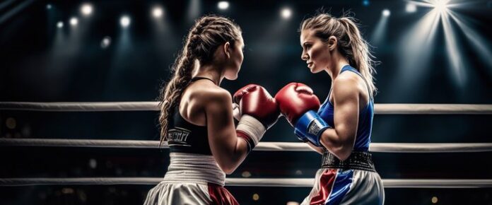 Female boxer throwing punch in championship match.