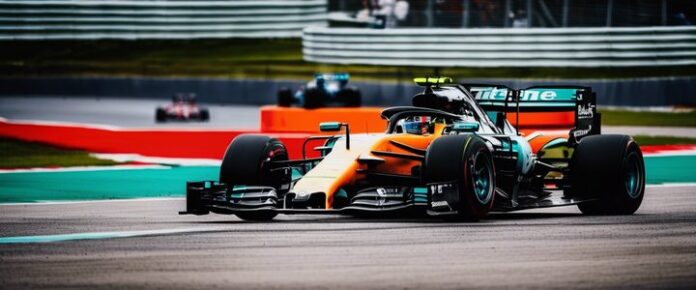 Formula 1 drivers racing at Miami Grand Prix track.