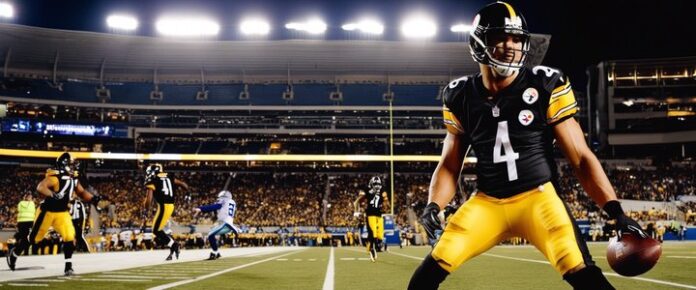 George Pickens in action on the football field, wearing Steelers uniform.