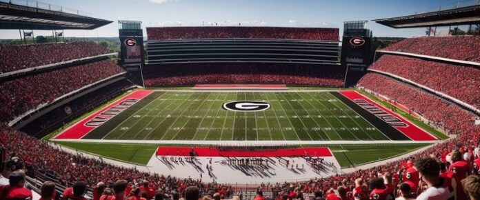 Georgia Bulldogs football players celebrating on field after win.