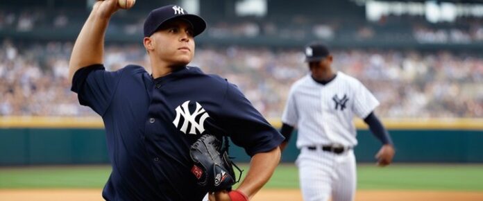 Giancarlo Stanton in Yankees uniform, swinging bat during game.