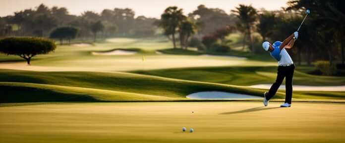 Golfer Keith Mitchell in action, swinging club on course.