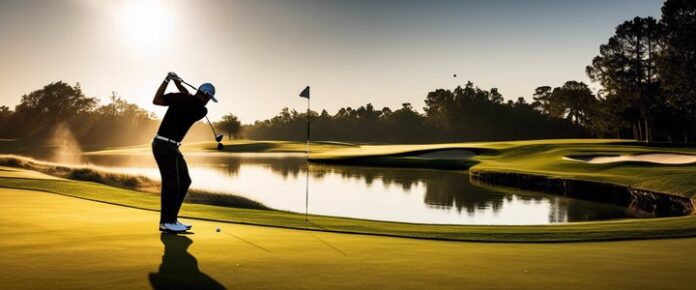 Golfer lines up putt on green during PGA tournament.