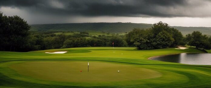Golfers waiting under umbrellas during PGA weather delay