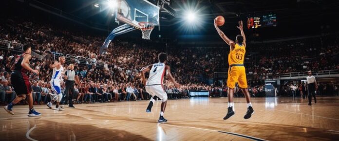 Gordon making a three-point shot during a basketball game.