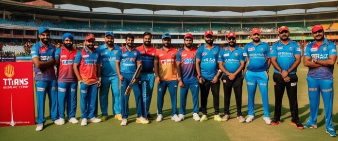 Gujarat Titans players celebrating playoff qualification with teammates.