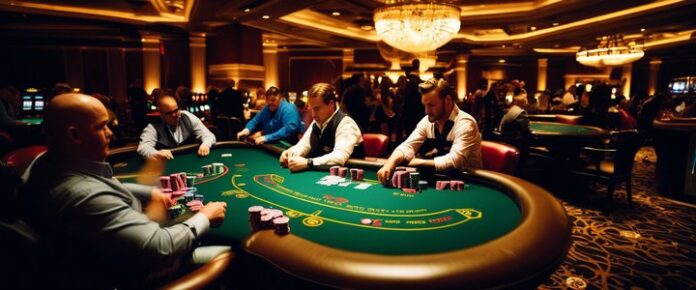 Hawk Tuah concentrating at a Vegas poker tournament table.