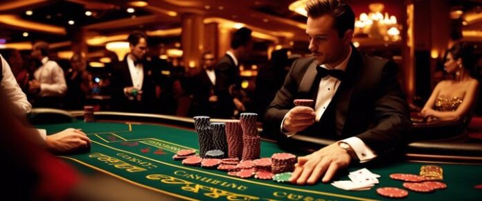 High roller placing bet at a live casino roulette table.