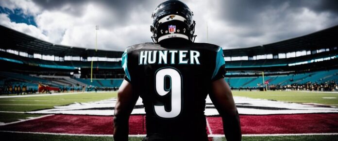 Jaguars' Hunter in defensive position on field during practice session