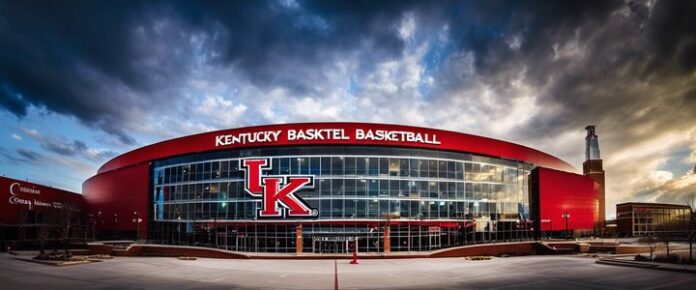 Kentucky basketball players in action at KFC Yum! Center court.