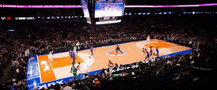 Knicks' Mikal Bridges in action against the Celtics.