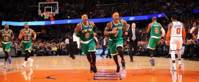 Knicks fans celebrate victory over Celtics in New York City streets.