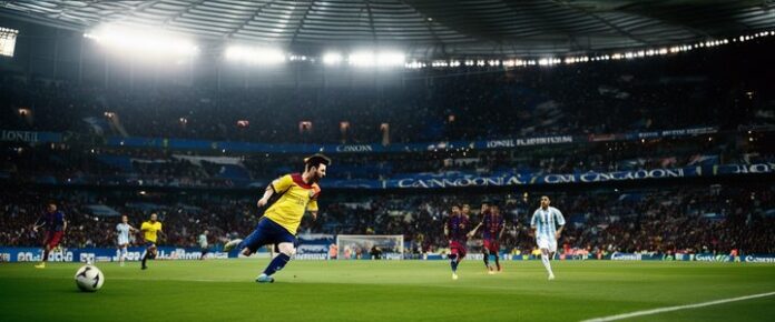 Lionel Messi scoring a goal during a soccer match.