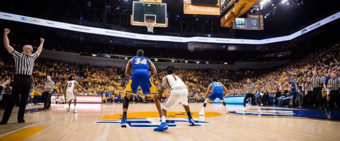 March Madness basketball players competing in NCAA tournament game.