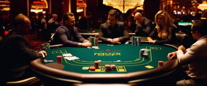 Mark Zuckerberg playing poker at a crowded Las Vegas table.