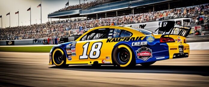 NASCAR cars racing at Kansas Speedway track.