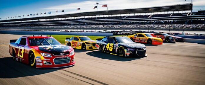NASCAR cars racing at Kansas Speedway track.