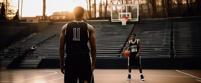 NBA guard in defensive stance, arms outstretched, blocking opponent's shot.