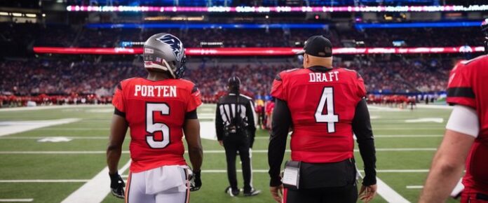 NFL rookies holding jerseys with their new teams after draft selections.