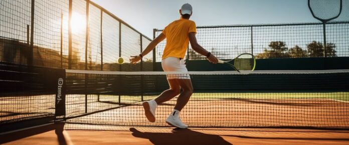 Naomi Osaka in action on a clay tennis court.