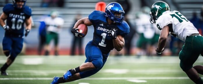 Nelsyn Wheeler in football action, running with the ball.