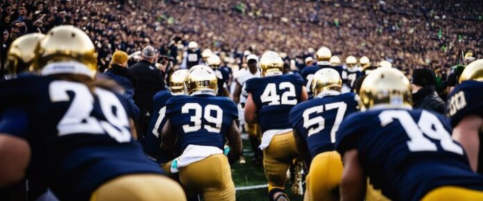 Notre Dame football players in action on the field.