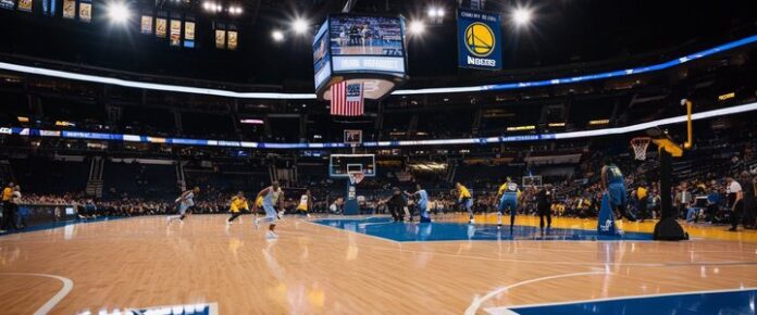 Nuggets players in action on the basketball court under pressure.