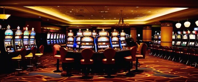 People gambling at casino slot machines and tables.