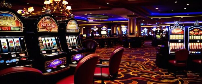 People playing slots and table games at a busy casino.
