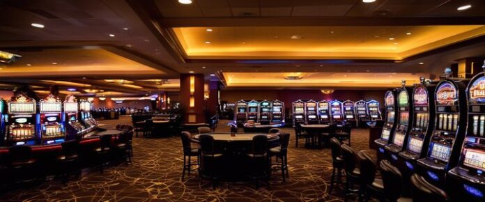 People playing slots at a busy casino with gaming tables nearby.