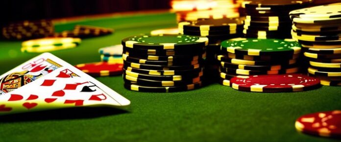 Players competing at a crowded poker table with cards and chips.