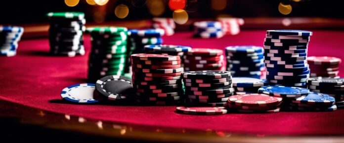 Poker player at table with chips and cards during tournament.
