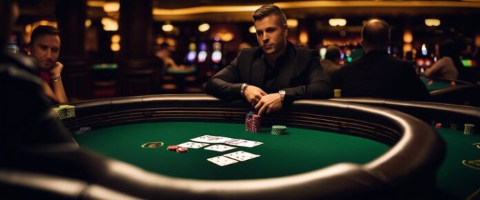Poker player intensely studying cards at a tournament table.