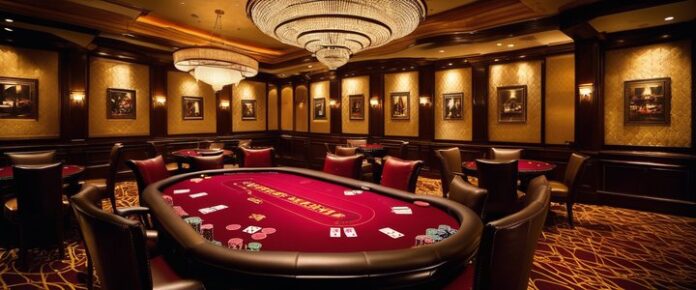 Poker players at a casino table, cards and chips in play.