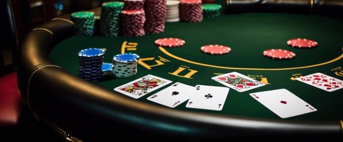 Poker players at a table, focusing on their cards and chips.